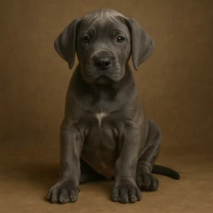 Cachorro gran danés sentado, de frente, sobre fondo marrón, con expresión tierna