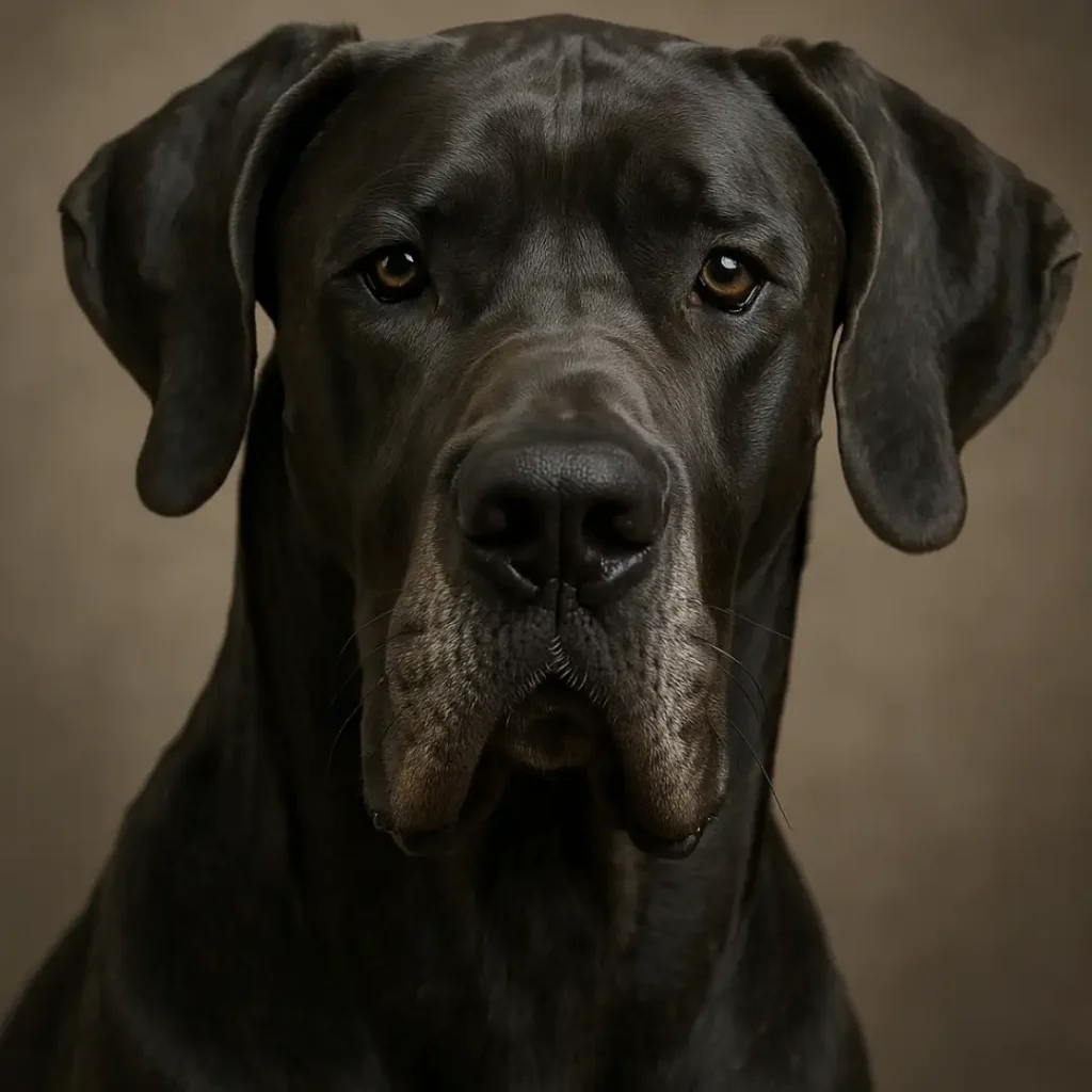 Gran danés adulto de color negro visto en primer plano, mirando a la cámara sobre fondo neutro