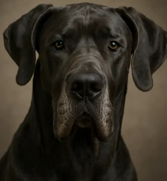 Gran danés adulto de color negro visto en primer plano, mirando a la cámara sobre fondo neutro