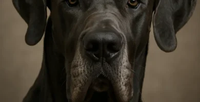 Gran danés adulto de color negro visto en primer plano, mirando a la cámara sobre fondo neutro