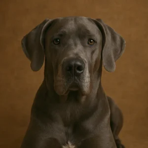 Gran danés adulto de pelaje oscuro, en primer plano, mirando a la cámara sobre fondo marrón