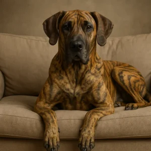 Gran danés atigrado recostado en un sillón beige, en posición relajada, visto de frente