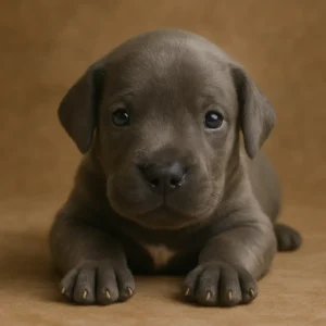 Gran danés bebé acostado sobre fondo marrón, en primer plano, con mirada tierna