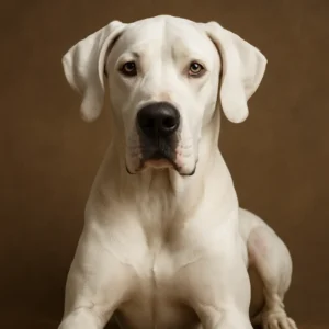 Gran danés blanco adulto en primer plano, sentado y mirando a la cámara sobre fondo marrón