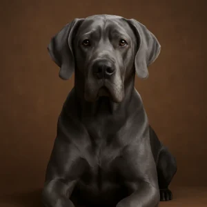 Gran danés gris adulto en primer plano, recostado y mirando a la cámara sobre fondo marrón